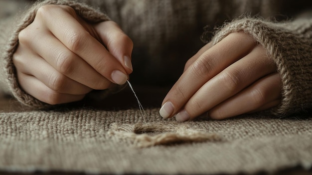 Zbliżenie dłoni haftujących igłą i nitką