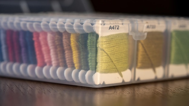 Zestaw haftów i nitki na stole